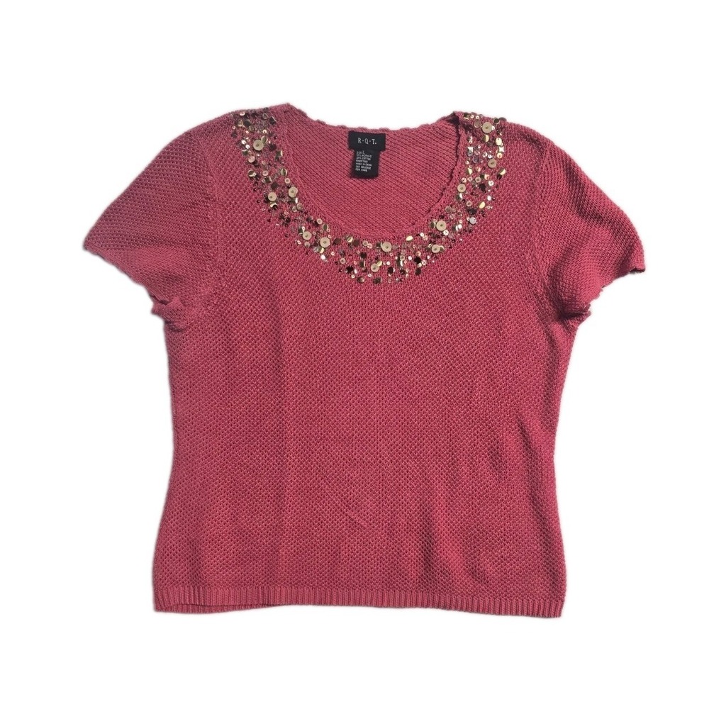 R.Q.T. Women's Knit Top Pink L‎ Sequin Cotton Blend Boho